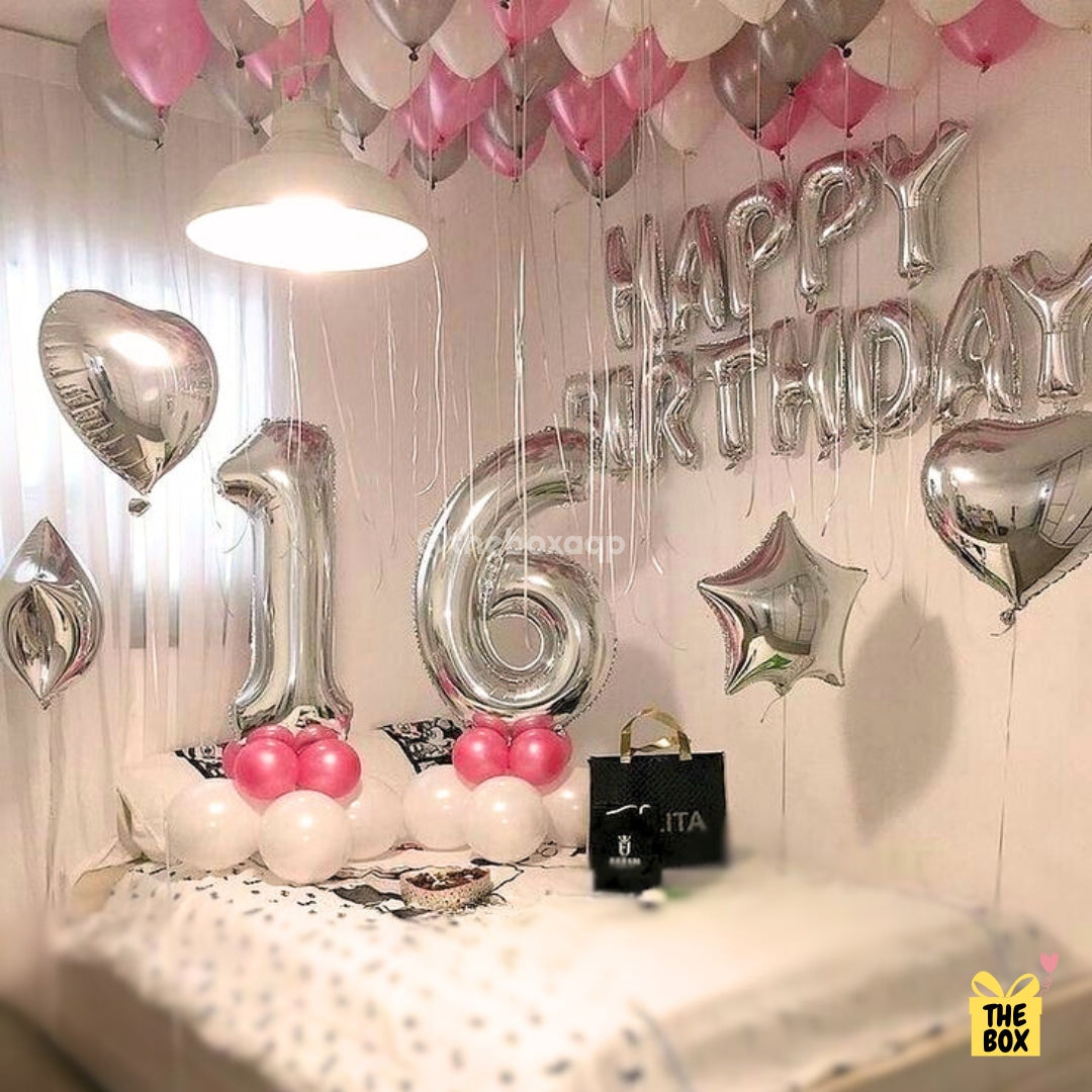 Sorpresa de Habitación “Happy Birthday” en Rosa y Plateado