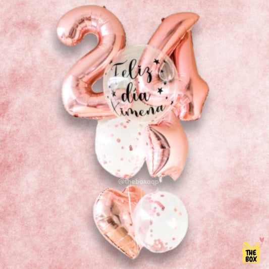 Arreglo de globos con números Rose Gold